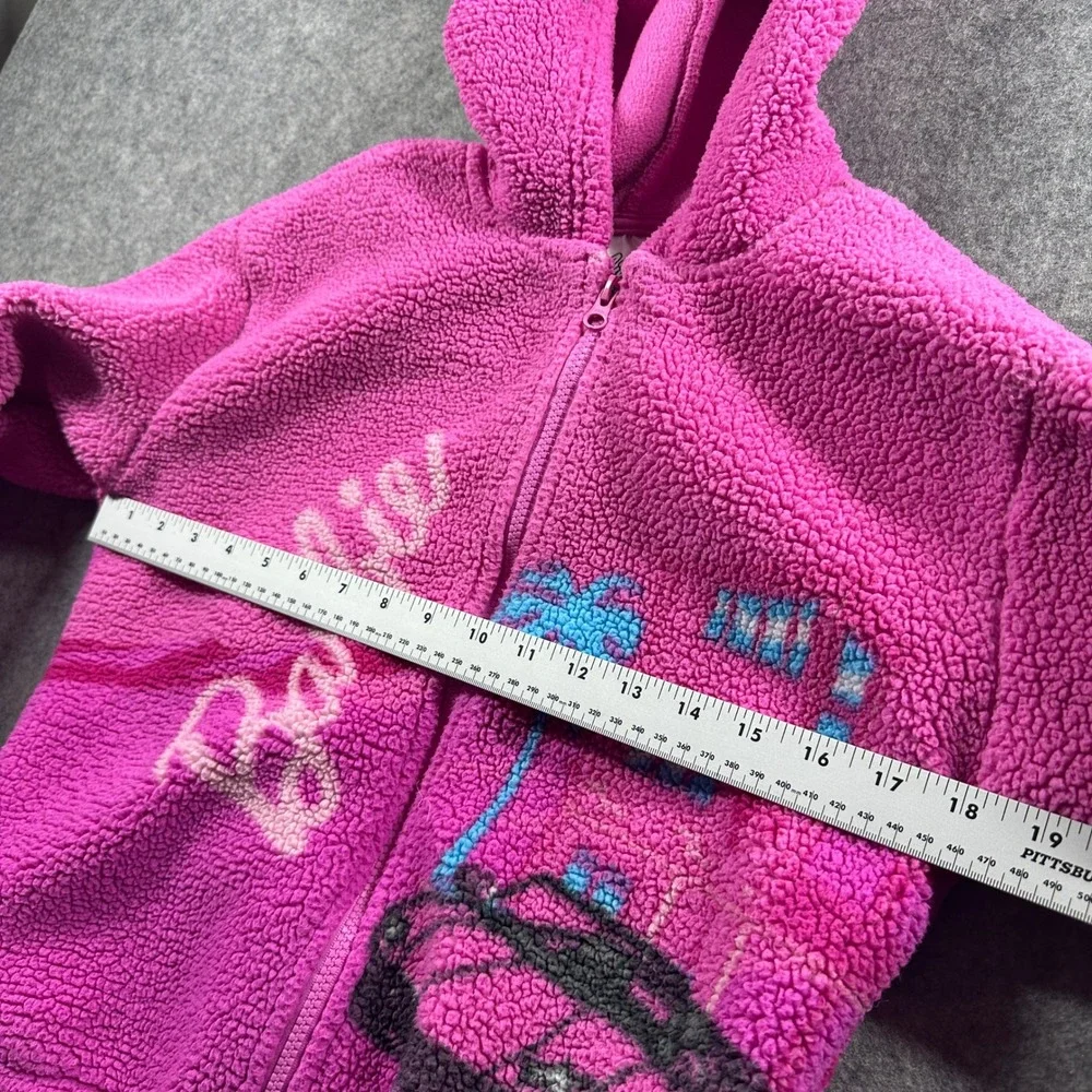 Barbie Sherpa Fleece Hoodie Kids Size 10/12 Pink Malibu Graphic Zip Up Jacket